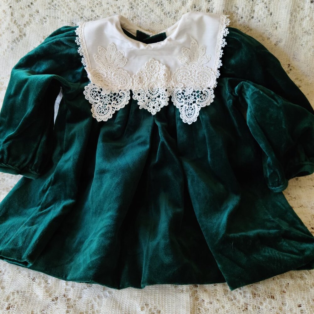VTG (1980'S) PEACHES AND CREAM VELEVET GREEN /LACE DRESS SZ 18 M-- MADE IN USA